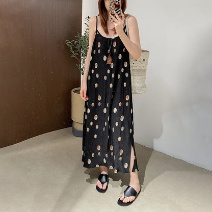 【ワンピース】調節可能キャミソール プリーツ ドット柄 ゆったり ノースリーブ キャミワンピース ロング丈 夏新作【JZシリーズ】