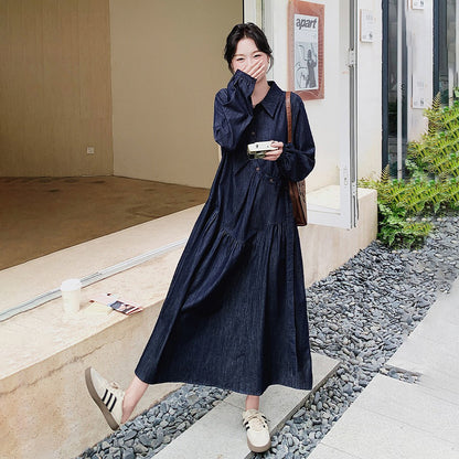 【ワンピース】レトロカジュアル ゆったりデニム 長袖ワンピース レディース フレンチエレガント 学院風 シャツワンピース【JZシリーズ】