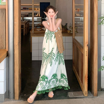 【ワンピース】フレンチ ヴィンテージ風 花柄 ノースリーブ キャミワンピース 夏 新作 バカンス系 上品 ロングドレス【SHシリーズ】