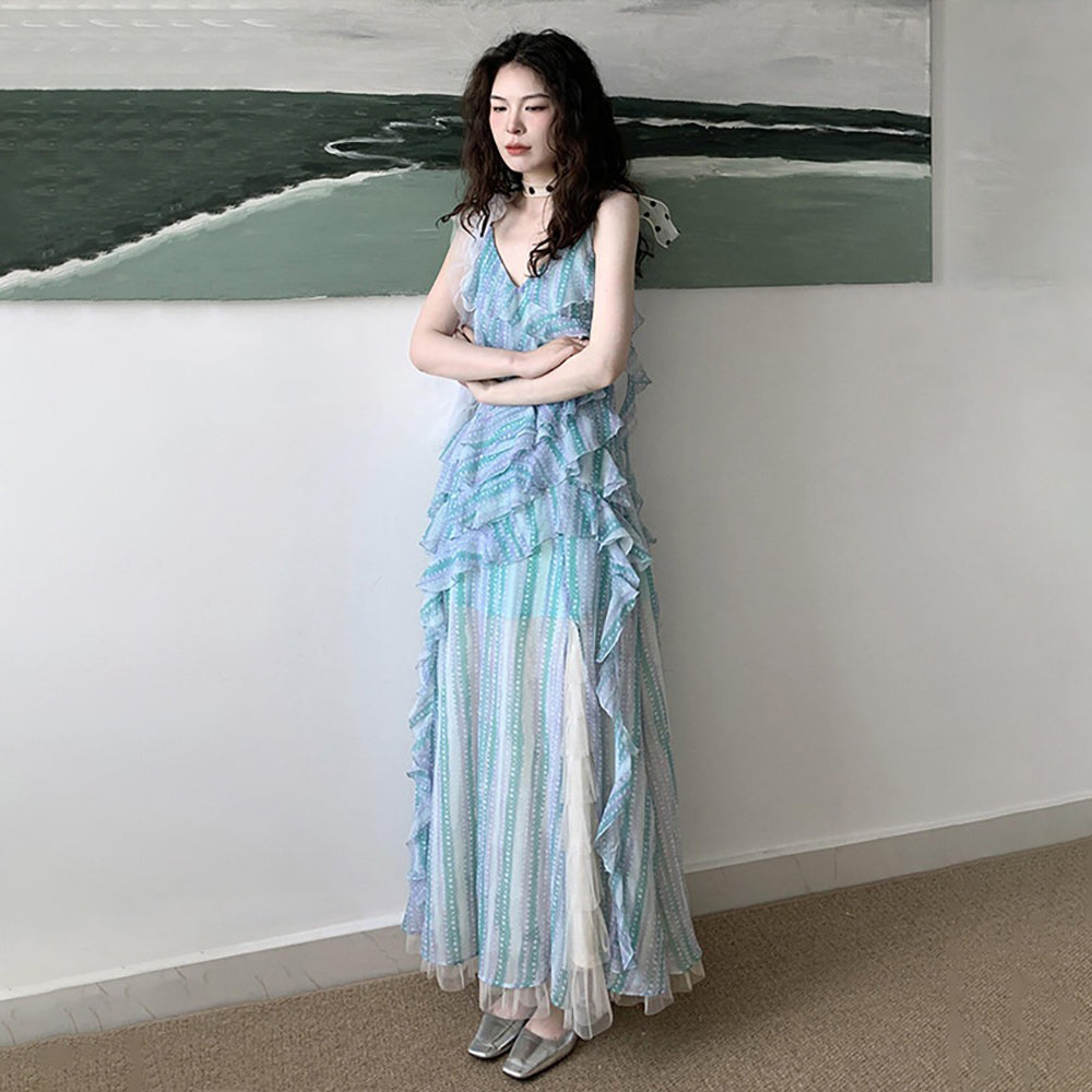 【ワンピース】アート風 ブループリント フリル キャミソールワンピース レディース 夏 アシンメトリー ノースリーブ ロングドレス 涼感リゾート【SHシリーズ】【15～20日内発送】