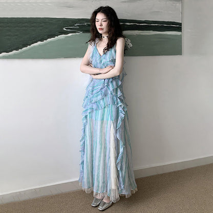 【ワンピース】アート風 ブループリント フリル キャミソールワンピース レディース 夏 アシンメトリー ノースリーブ ロングドレス 涼感リゾート【SHシリーズ】【15～20日内発送】