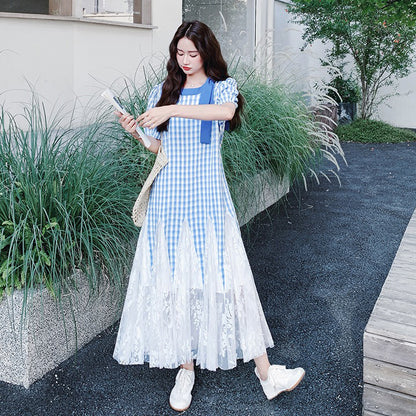 【ワンピース】日系ガーリー チェック柄×レース 半袖 切り替え マーメイドワンピース【SHシリーズ】