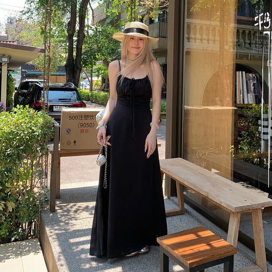 M~4XL【セットアップ】【単品注文】ヘップバーン風黒ワンピース カーディガンセット レディース 夏 キャミソールロングワンピース フレンチシック ウエストシェイプ エレガント【JZシリーズ】