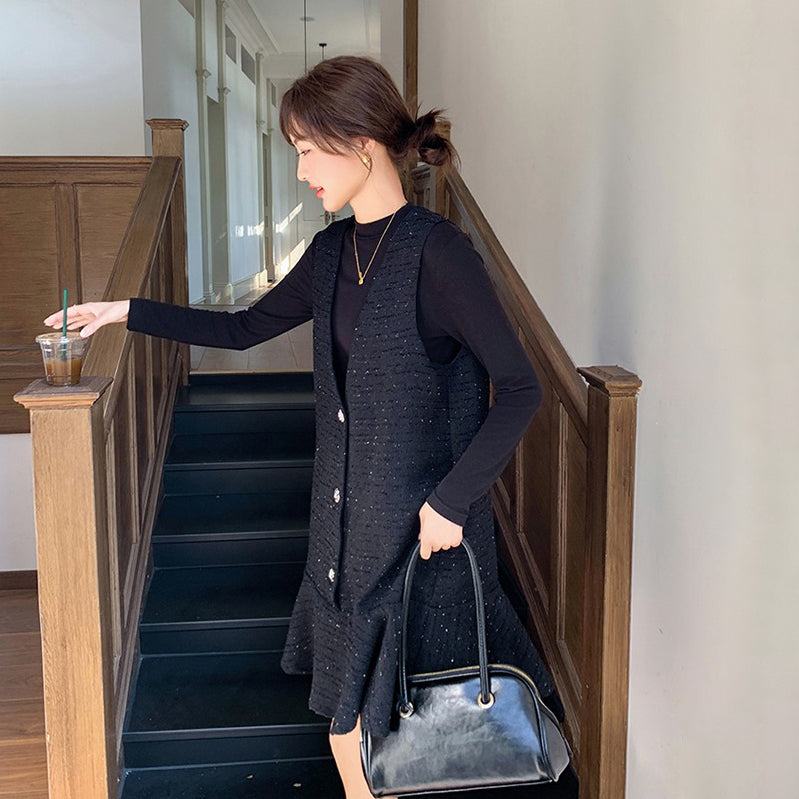 【ワンピース】秋新作  Vネック ベストワンピース レディース ブラック ゆったり Aライン フリル 上品 ノースリーブワンピース【JZシリーズ】