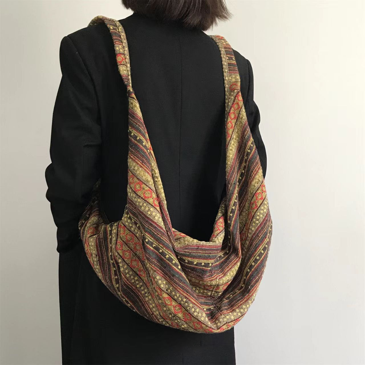 【バッグ】2WAY ヴィンテージ民族刺繍＆ストライプ キャンバス大容量バッグ ボディバッグ/ショルダーバッグ【SHシリーズ】