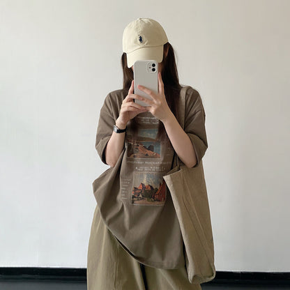 【トップス】ブラウン系 アートプリント 半袖Tシャツ コットン ゆったりシルエット ナチュラル カジュアル トップス【FCシリーズ】