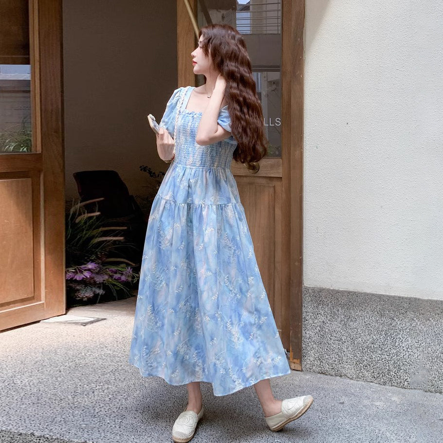 【ワンピース】グラデーション染め刺繍入りパフスリーブワンピース Aライン半袖【SHシリーズ】