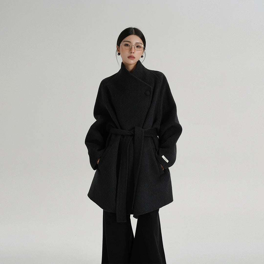 【アウター】気質と高級感 ミディアムロング 斜めボタン襟 ウールコート【JZシリーズ】