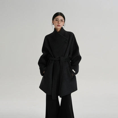 【アウター】気質と高級感 ミディアムロング 斜めボタン襟 ウールコート【JZシリーズ】