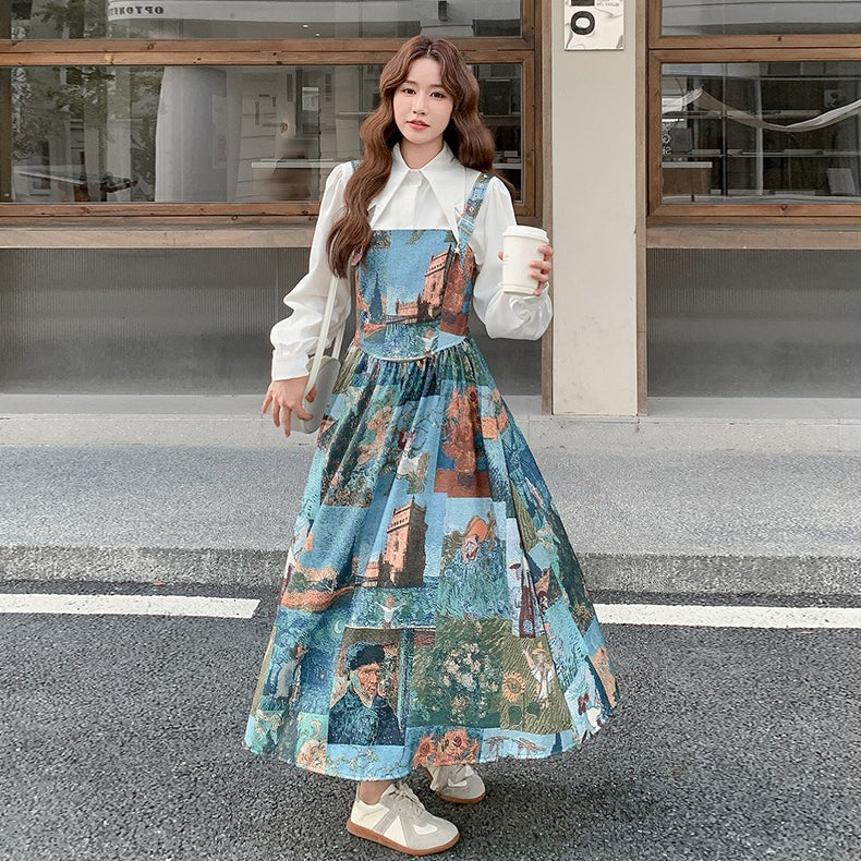 【セットアップ】学院風シャツ＋花柄ノースリーブワンピース レディース 春秋2025新作 人気 高級感 ワンピース【SHシリーズ】