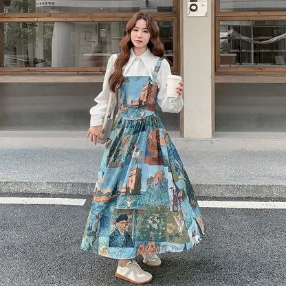 【セットアップ】学院風シャツ＋花柄ノースリーブワンピース レディース 春秋2025新作 人気 高級感 ワンピース【SHシリーズ】