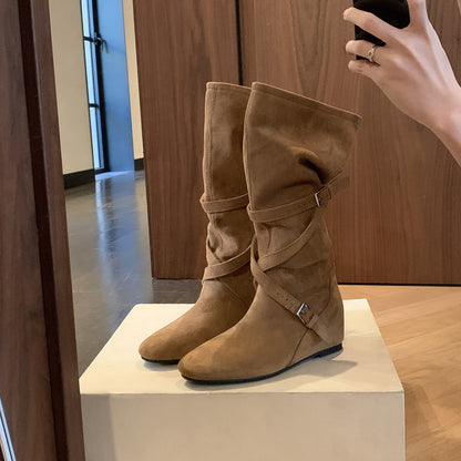 【シューズ】🖤6cmスタイルアップ！柔らかくて履きやすい✨韓国風ベルト付きミドルブーツ レディース 秋冬新作