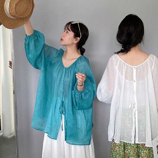 【トップス】UV対策 前後2WAY  ラミー100% 長袖バルーンスリーブシャツ レディース 26夏新作 軽やかトップス【JZシリーズ】