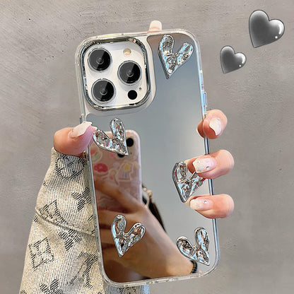 【グッズ】iPhone 15 Pro Max / 16 Pro / 14 / 13 Pro / 12 / 11 用 高級感 インスタ風 メッキ加工 シワ加工 立体ハート 気質レディース ブレスレット風 ミラーケース スマホカバー