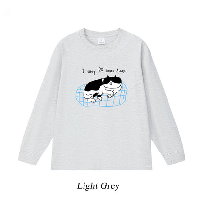 5カラー | S~3XL【トップス】猫のスリープタイム プリント 長袖Tシャツ コットン 秋 ゆったり トップス インナー【FCシリーズ】