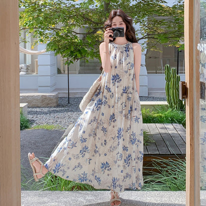【ワンピース】レンチリゾート 花柄ホルターワンピース レディース 夏 ロング丈 ノースリーブ フレア ゆったり 細見え【SHシリーズ】