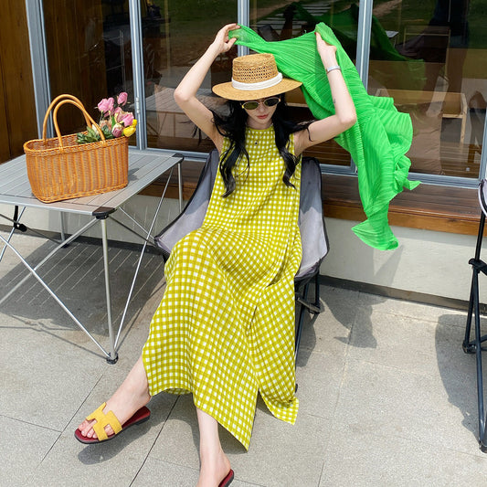 【ワンピース】韓国風 チェック柄ノースリーブワンピース レディース Aライン 着痩せ 体型カバー 夏ワンピース【SHシリーズ】