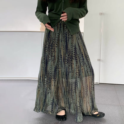 【ボトムス】ヨーロッパ風グリーンプリントスカート レディース ハイウエスト ロング丈 きれいめコーデ【SHシリーズ】