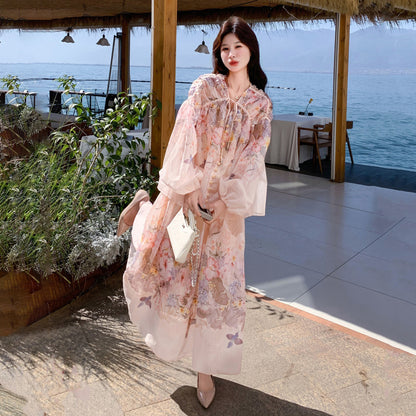 2点セット！【セットアップ】リゾートバタフライプリント 2点セット レディース パフスリーブ UVカットシャツ + ハイウエスト フレアスカート 夏 セットアップ【SHシリーズ】