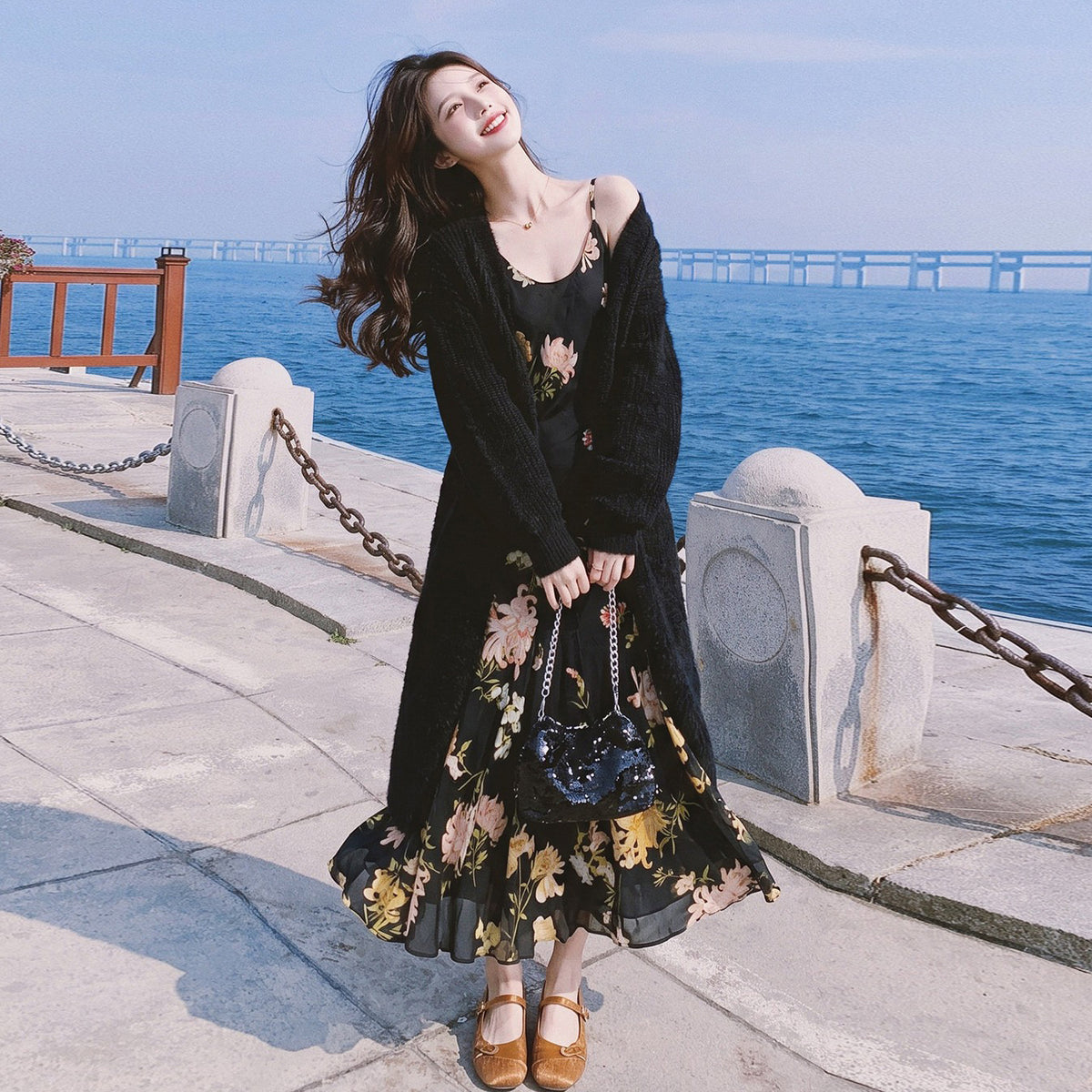 法式復古碎花吊帶洋裝＋毛絨針織外套｜甜美優雅氛圍感穿搭【JZ系列】