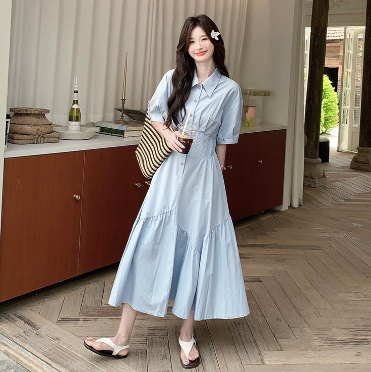 【ワンピース】韓国風 甘めポロ襟マーメイドワンピース 夏 ロング 半袖シャツワンピース【JZシリーズ】