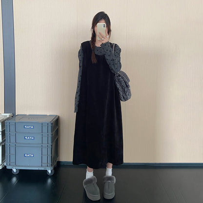 【セットアップ】【単品注文】ドット柄トップス×ジャンパースカート 2点セット レディース 秋冬新作 ゆったり 体型カバー ワンピースセット【JZシリーズ】