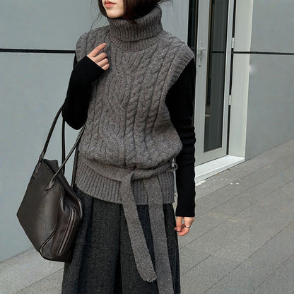 【トップス】春 秋 冬 ハイネック ケーブル ベルト付き ノースリーブ セーター 【JZシリーズ】