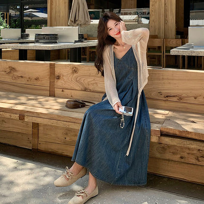2点セット！【セットアップ】フレンチ風 ニットカーディガン＋デニムキャミワンピース セットレディース 秋新作 若見え 優雅 人気