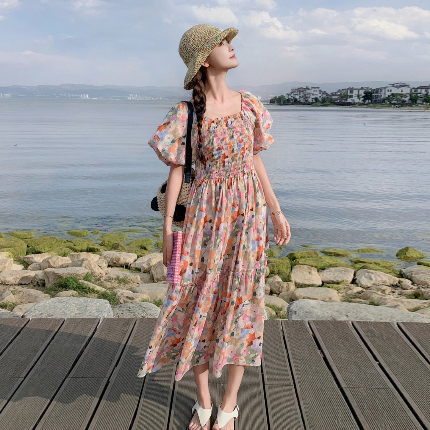 【ワンピース】ピンクプリント パフスリーブ 夏 カントリー風 半袖ワンピース【SHシリーズ】