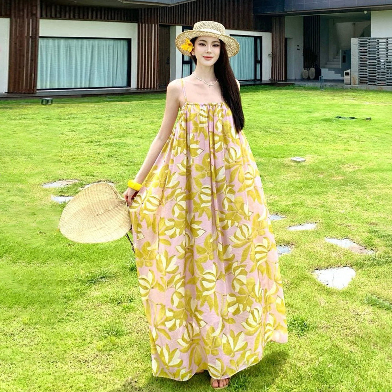 【ワンピース】リゾート風 プリント キャミソールワンピース レディース 夏 ロング丈 ゆったり ノースリーブ ビーチワンピース 海辺コーデ【SHシリーズ】