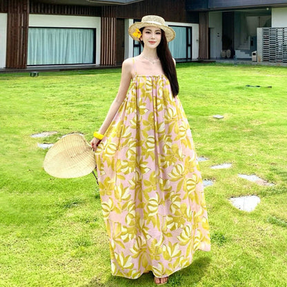 【ワンピース】リゾート風 プリント キャミソールワンピース レディース 夏 ロング丈 ゆったり ノースリーブ ビーチワンピース 海辺コーデ【SHシリーズ】