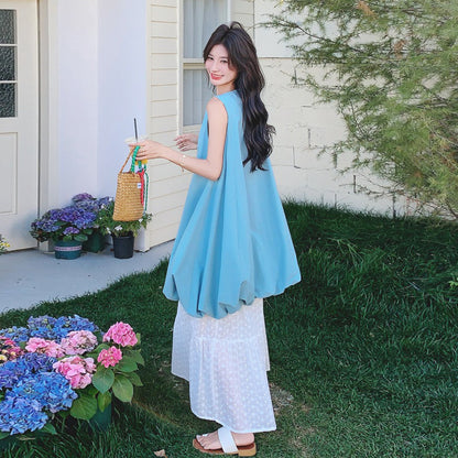 2点セット！【セットアップ】夏新作 優しげコーデ ノースリーブワンピース ＋ レースワイドパンツ 2点セット【JZシリーズ】