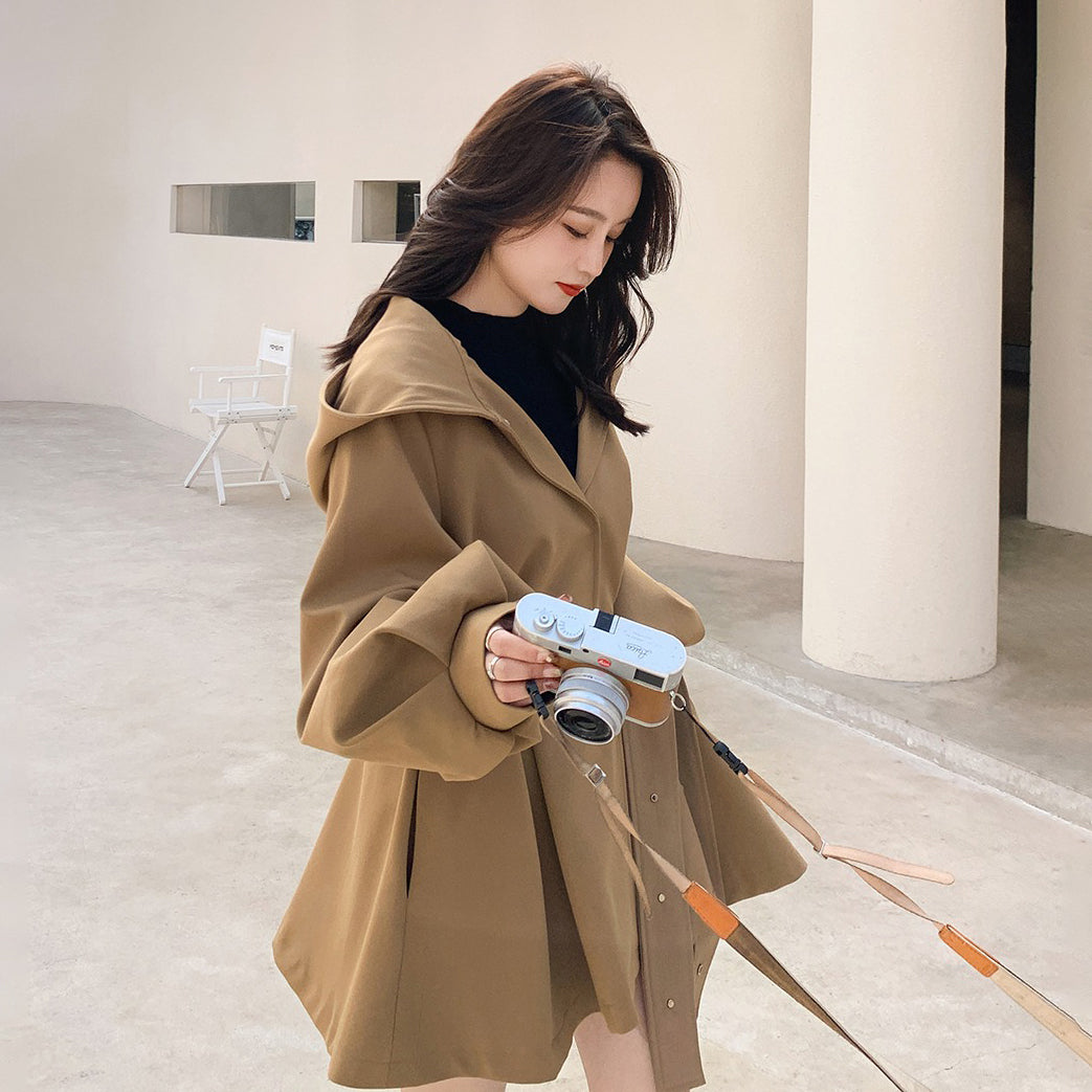 【アウター】独特なデザイン感 カーキ カジュアル フード付き トレンチコート レディース 超人気 おしゃれ ミドル丈 コート【JZシリーズ】