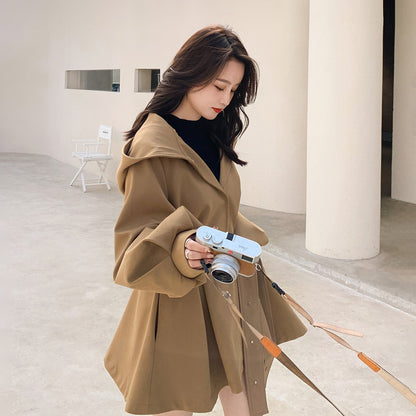 【アウター】独特なデザイン感 カーキ カジュアル フード付き トレンチコート レディース 超人気 おしゃれ ミドル丈 コート【JZシリーズ】