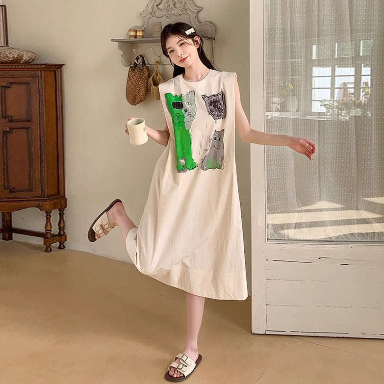 【ワンピース】カジュアル 気質 カートゥーン プリント ノースリーブ タンクワンピース レディース 夏 他と被らない コーディネート【SHシリーズ】