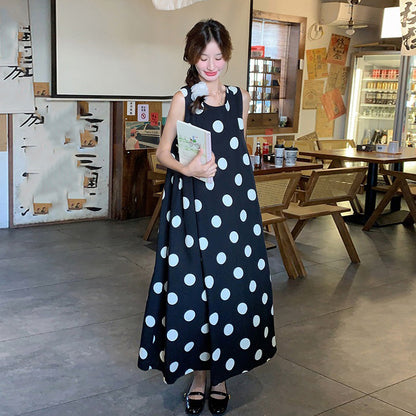 【ワンピース】韓国風 レトロ ドット柄 ノースリーブ ワンピース 夏 カジュアル 着痩せ 上品 ロング丈【SHシリーズ】
