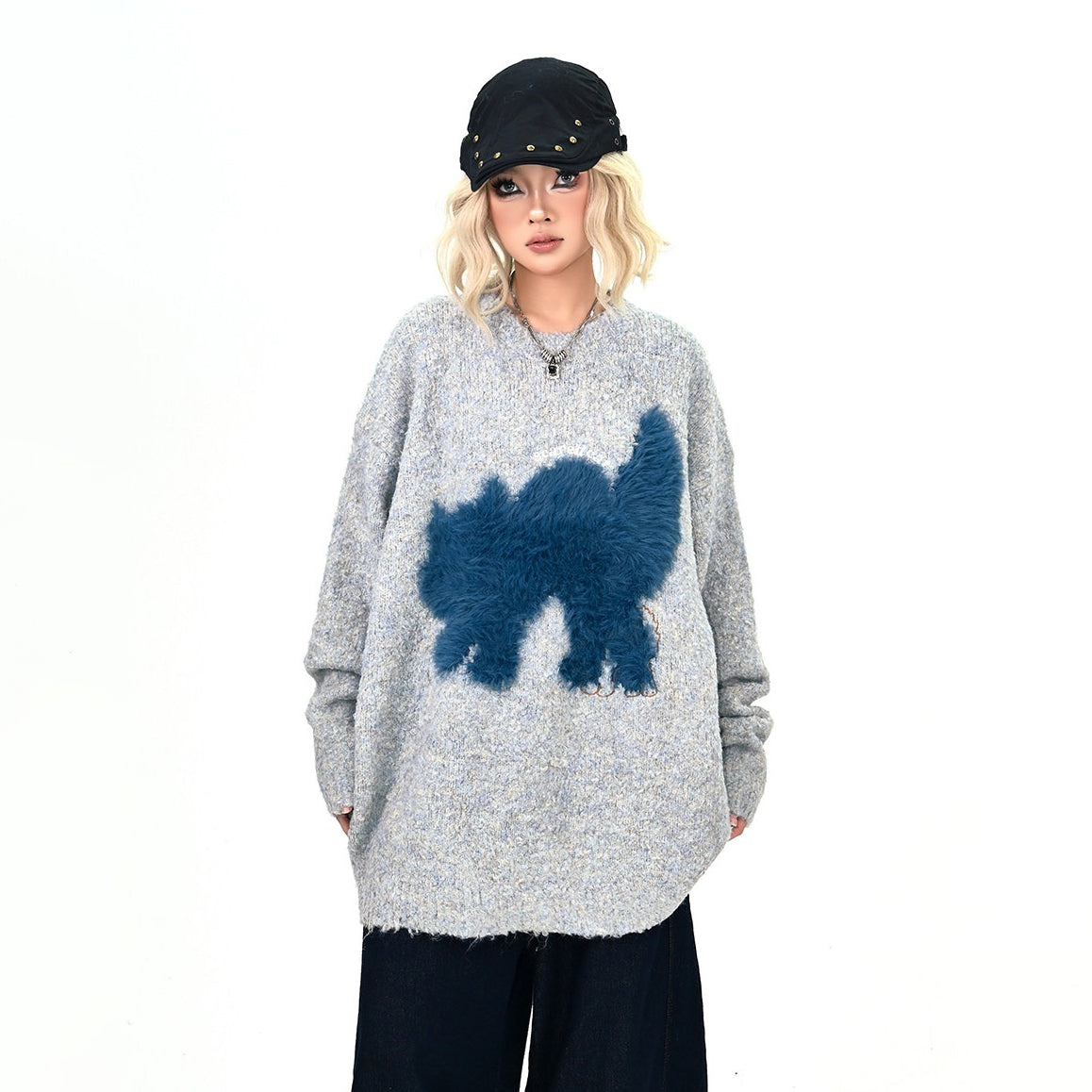 【トップス】もこもこ猫 クルーネックニット レディース ゆったりBF風 セーター【FCシリーズ】