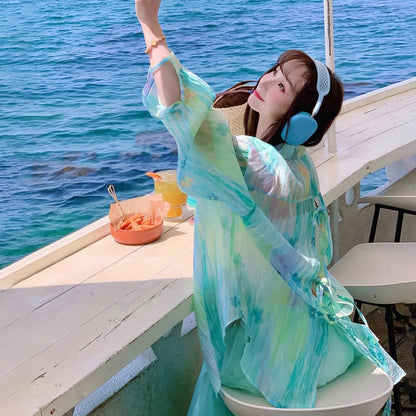 【アウター】花柄 UVカットシャツ 春夏 韓国風 薄手 グラデーション ビーチリゾートアウター【SHシリーズ】