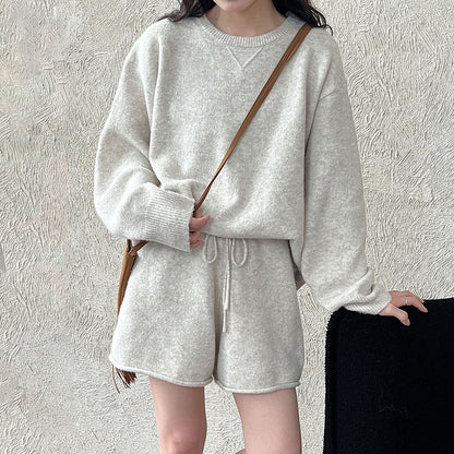 2点セット!【セットアップ】秋新作 韓国風ふんわりウール混ニットトップス＋ショートパンツ 上下セット【JZシリーズ】