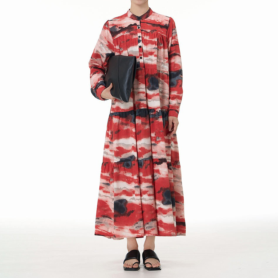 【ワンピース】ヴィンテージ風 ティアードワンピース 春夏新作 大きいサイズ レディース ルーズシルエット 長袖 着痩せ効果 バカンス・お出かけ向け ロングワンピース【SHシリーズ】