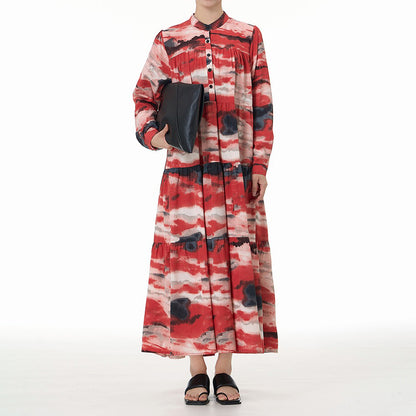 【ワンピース】ヴィンテージ風 ティアードワンピース 春夏新作 大きいサイズ レディース ルーズシルエット 長袖 着痩せ効果 バカンス・お出かけ向け ロングワンピース【SHシリーズ】