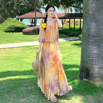 【ワンピース】リゾート風 グラデーションワンピース レディース 夏 ノースリーブ ロング丈 フレアシルエット 海辺コーデ バカンススタイル【SHシリーズ】