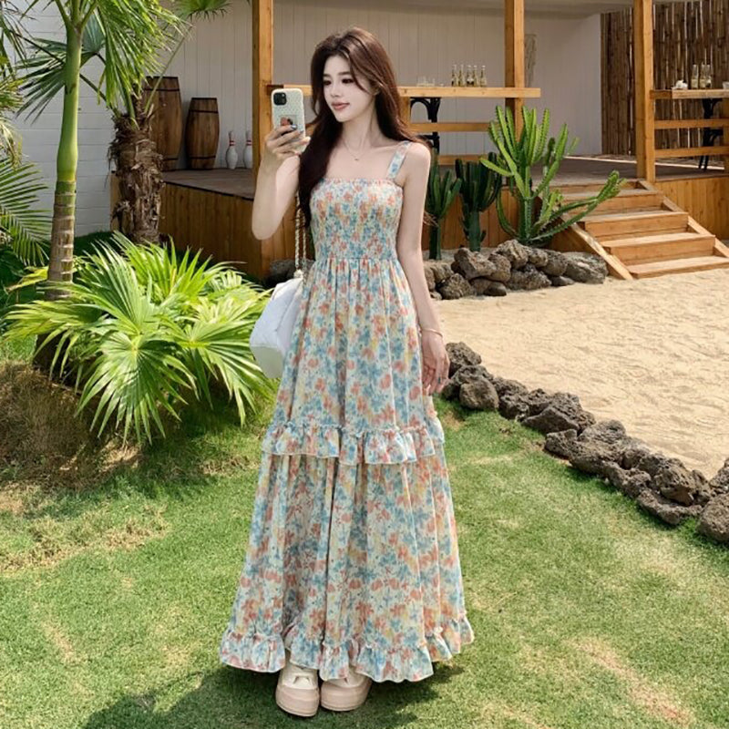 【ワンピース】フレンチカントリー風 ノースリーブ フラワープリントワンピース レディース 夏 キャミソール ロングドレス 大人可愛い【SHシリーズ】