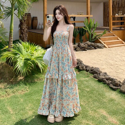 【ワンピース】フレンチカントリー風 ノースリーブ フラワープリントワンピース レディース 夏 キャミソール ロングドレス 大人可愛い【SHシリーズ】