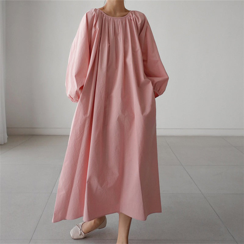 【ワンピース】春秋 ゆったり 大きいサイズ  リボン ランタンスリーブ 長袖ワンピース