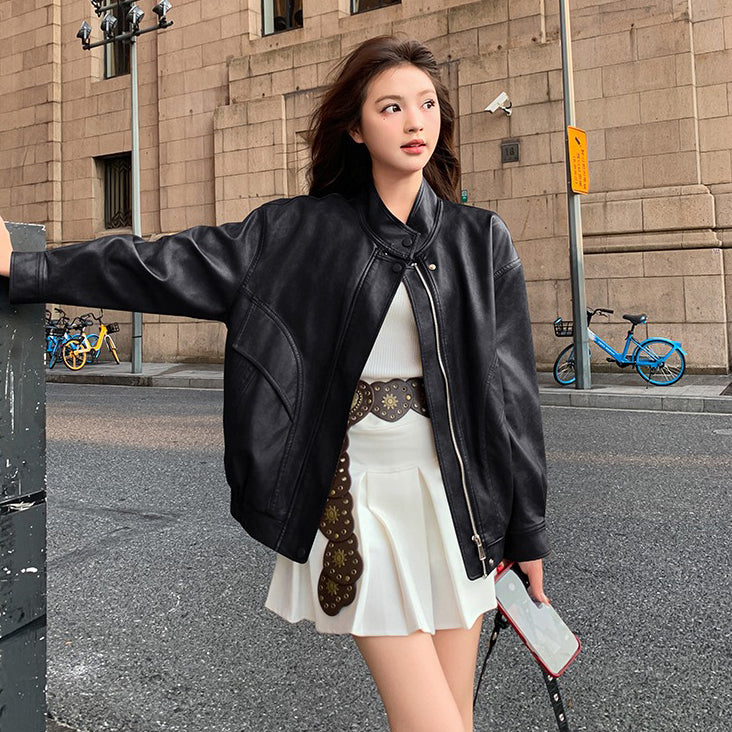 【アウター】上質感 トレンド 春秋  レトロ  PU ショートジャケット【JZシリーズ】