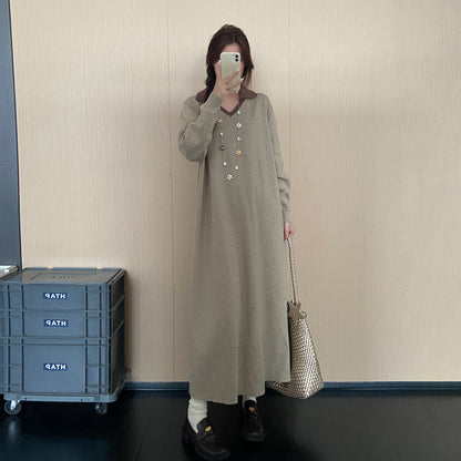 【ワンピース】大きいサイズ襟付きニットワンピース レディース 秋冬新作 ゆったり 体型カバー ロング丈【JZシリーズ】