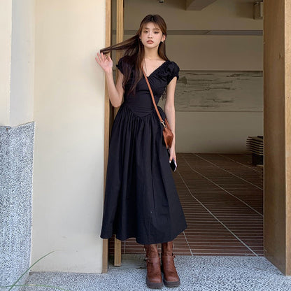 【ワンピース】バックデザイン Vネック 半袖ワンピース 夏新作 ウエストマーク フレンチ風 パフスリーブ モノトーン ロング丈【JZシリーズ】