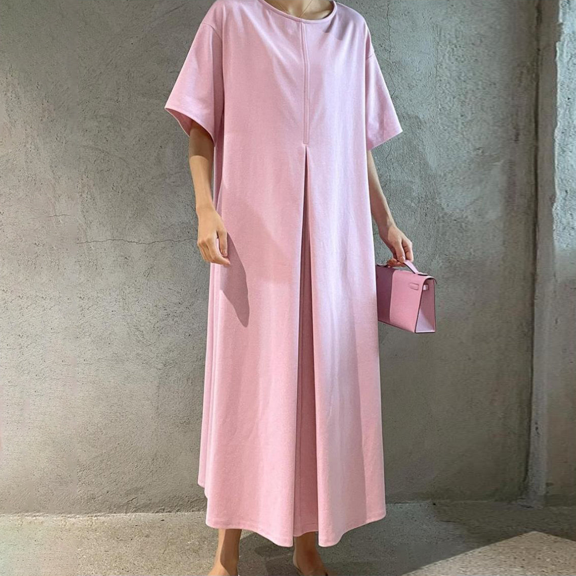 【ワンピース】🌸春夏 新作 韓国風 ラウンドネック 半袖 ワンピース ゆったり ロング丈 スリット入り レディース【JZシリーズ】