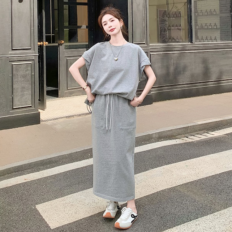 2点セット！【セットアップ】カジュアル 切り替え半袖スウェット＋スカート 上下セット レディース 夏 韓国風 ユニークで美しいコーデ【JZシリーズ】